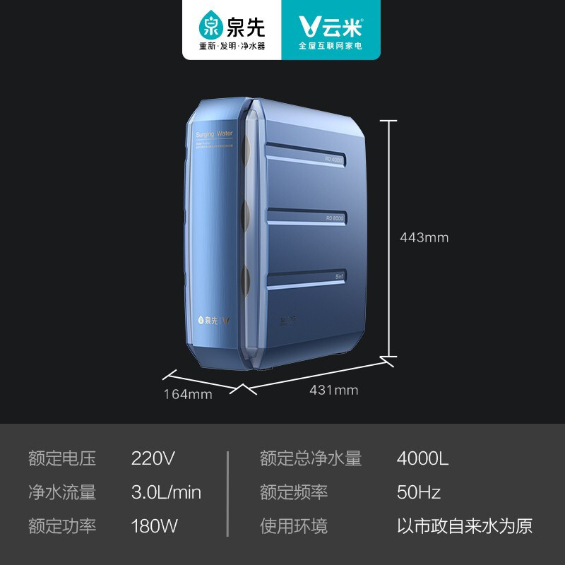 云米净水器 3:1微废水厨下纯水机反渗透RO机家用大通量净水机Super 1200G(5年长效RO膜)+8级精滤