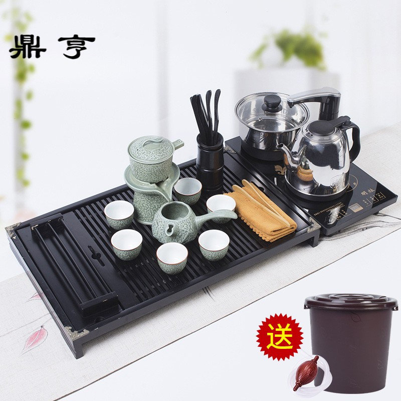 鼎亨自动茶具家用现代陶瓷套装懒人功夫茶台烧水壶简约实木茶盘