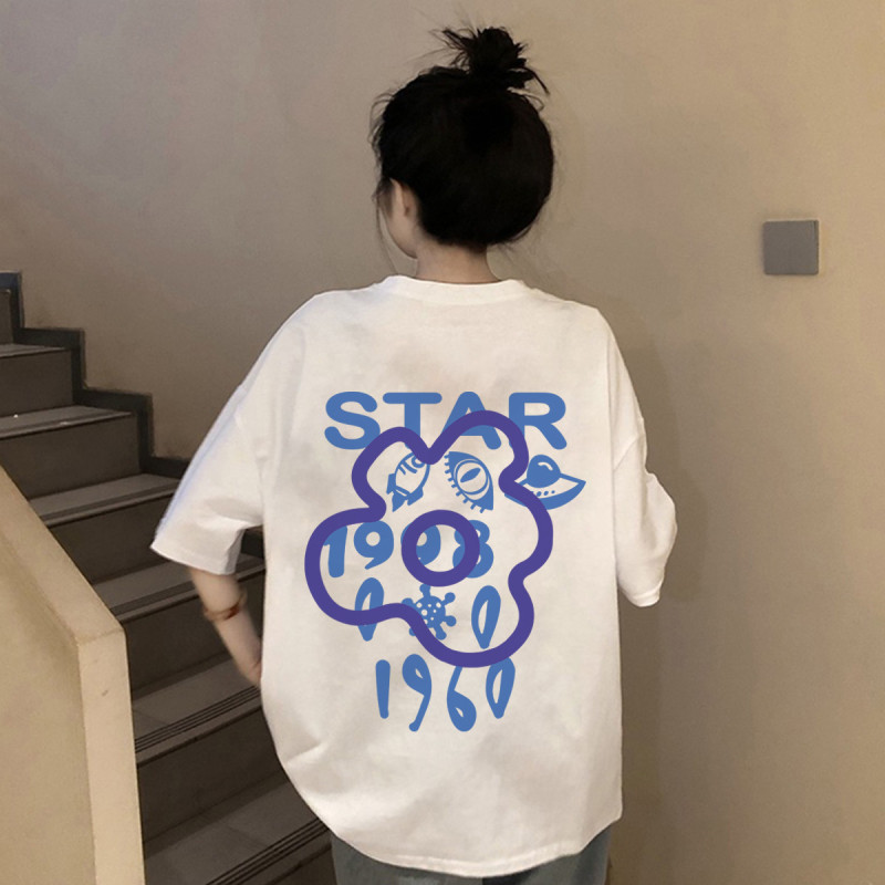 唐狮清凉夏季短袖t恤女背后花朵字母图案女装大码简约百搭潮