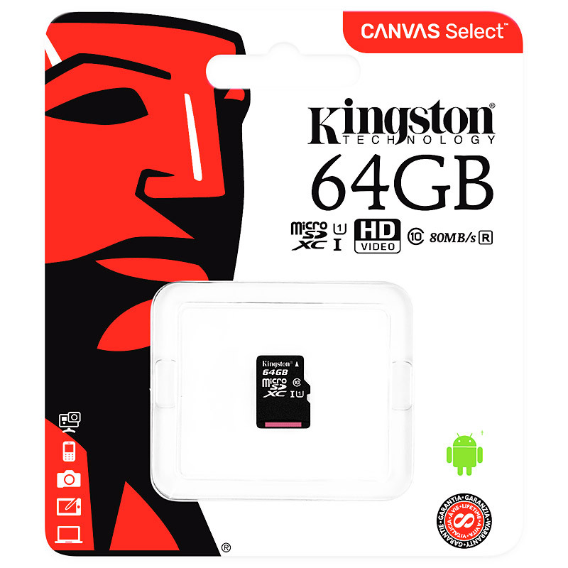 金士顿(Kingston)64GB 80MB/s TF(Micro SD)Class10 UHS-I防水抗震高速存储卡