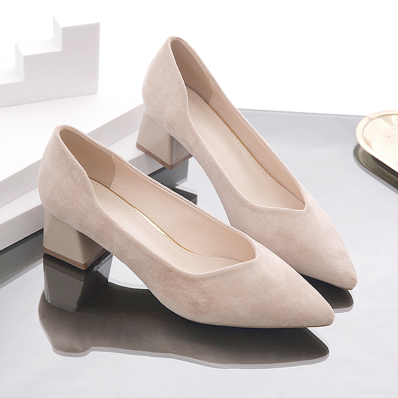 ideamini粗跟单鞋女2021春秋季新款绒面豆豆鞋软底软面中跟高跟工作鞋