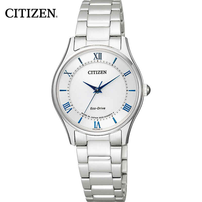 西铁城(CITIZEN)手表女士日本光动能情侣款魅银蓝针经典钢带女表EM0400-51B