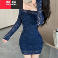 YIBUSHENG辣妹一字肩连衣裙女胖MM大码春季气质内搭修身显瘦长袖蕾丝包臀显 3XL150-175斤 藏青色