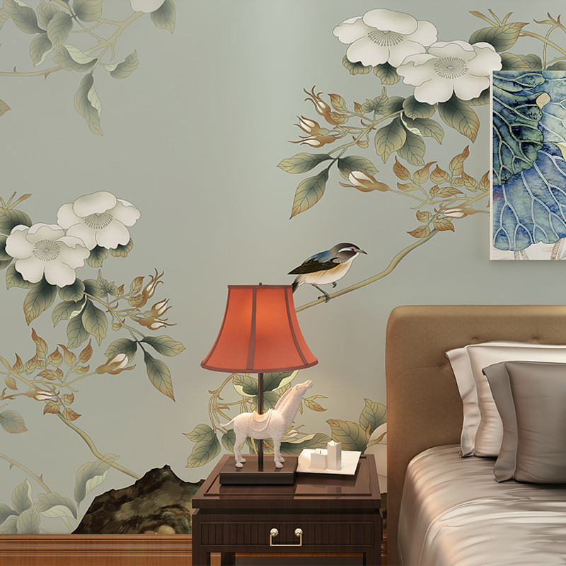 卡茵手绘花卉背景墙纸时尚个性花鸟壁纸客厅电视背景墙大型壁画墙布