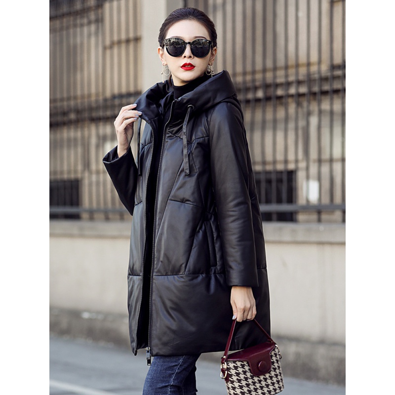 举翼王子海宁冬新款菲绅工厂直销头层绵羊皮真皮羽绒服女中长款绵羊皮外套 2XL130-140斤 黑色