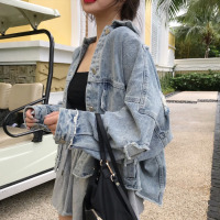 艳如飞学生大码女装200斤胖MM春秋韩版宽松显瘦网红破洞乞丐牛仔短外套大码女装