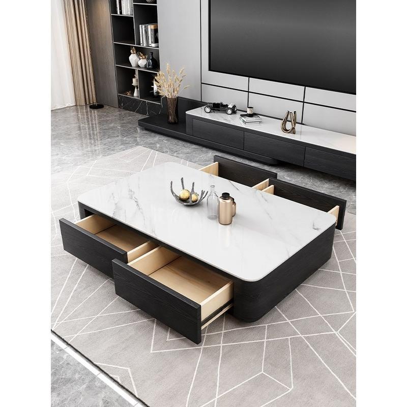 意式亮光岩板茶几电视柜简约现代小户型轻奢实木家用茶桌客厅组合