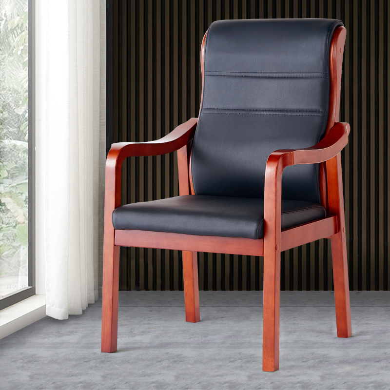 全简实木会议椅时尚简约办公职员麻将椅电脑人体工学带扶手皮革椅加厚西皮高清大图