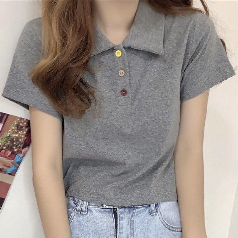 高腰polo衫女短袖夏装ins潮2021新款韩版修身显瘦上衣短款露脐t恤莎丞