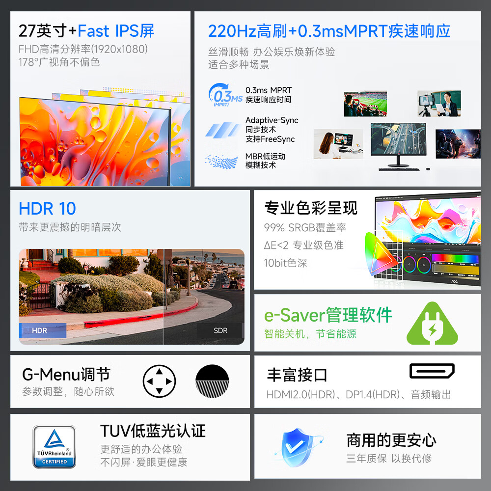 AOC 27E10X显示器27英寸 商用办公电脑显示屏幕 220Hz高刷 FastIPS 硬件低蓝光 笔记本扩展屏台式电脑显示器高清大图