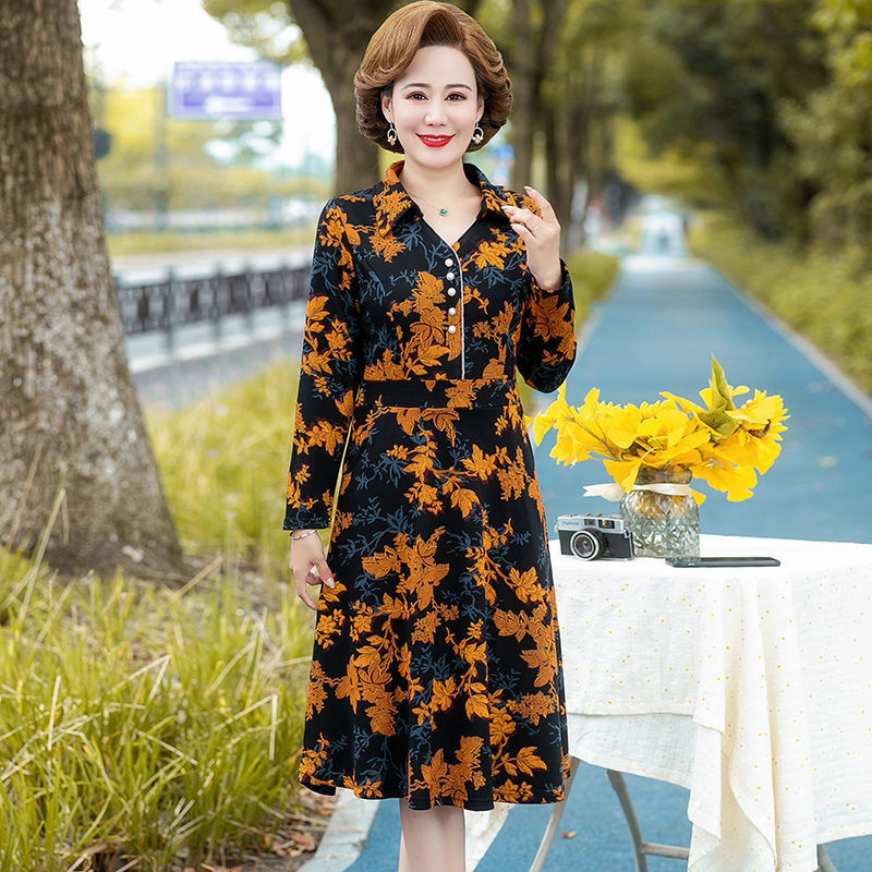 美帛中年碎花连衣裙女装过膝洋气中长款打底裙宽松妈妈衬衫领裙子