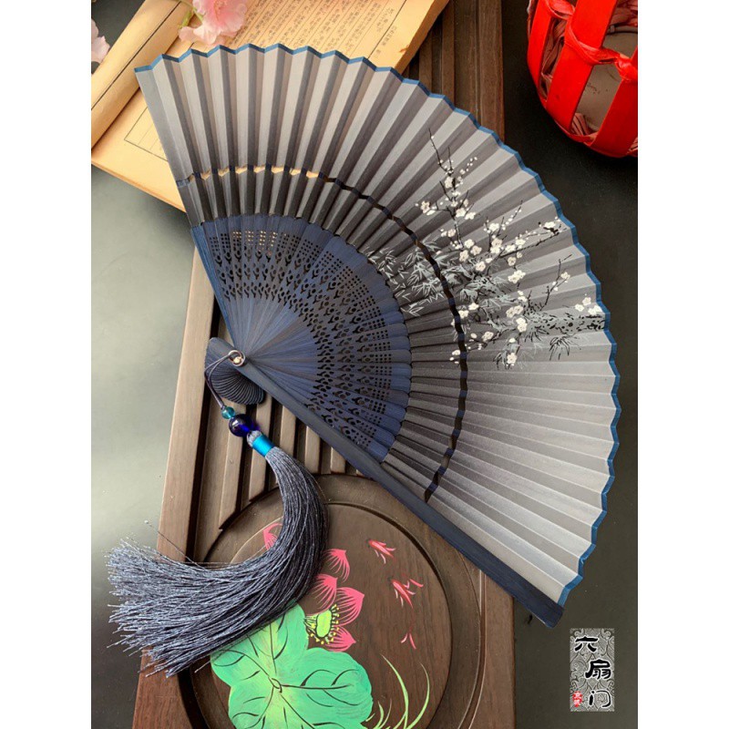 中国风双节扇折叠布面复古风旗袍汉服小折扇子随身便携夏季女舞蹈 三维工匠 红梅+灰蓝流苏高清大图