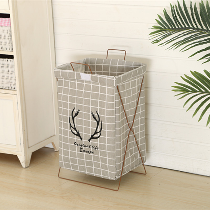 脏衣服收纳棉麻脏衣服收纳筐可折叠支架防水超大脏衣篮防水洗衣篮 浅灰色带盖灰格子印鹿角