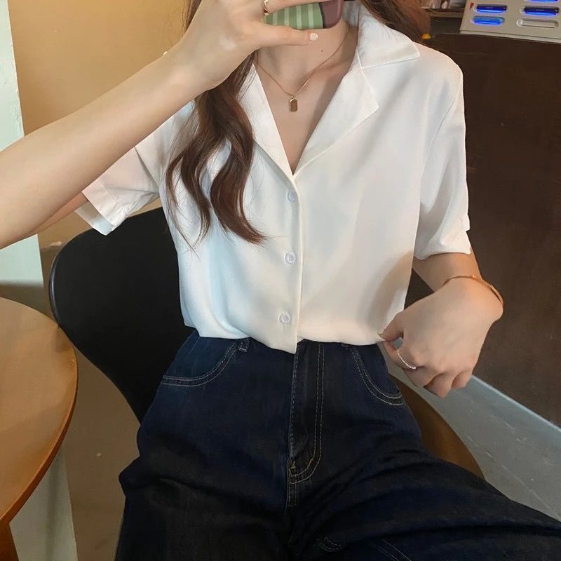 2021新款夏季百搭ins西装领宽松学院风淡绿色短袖衬衫外穿上衣女