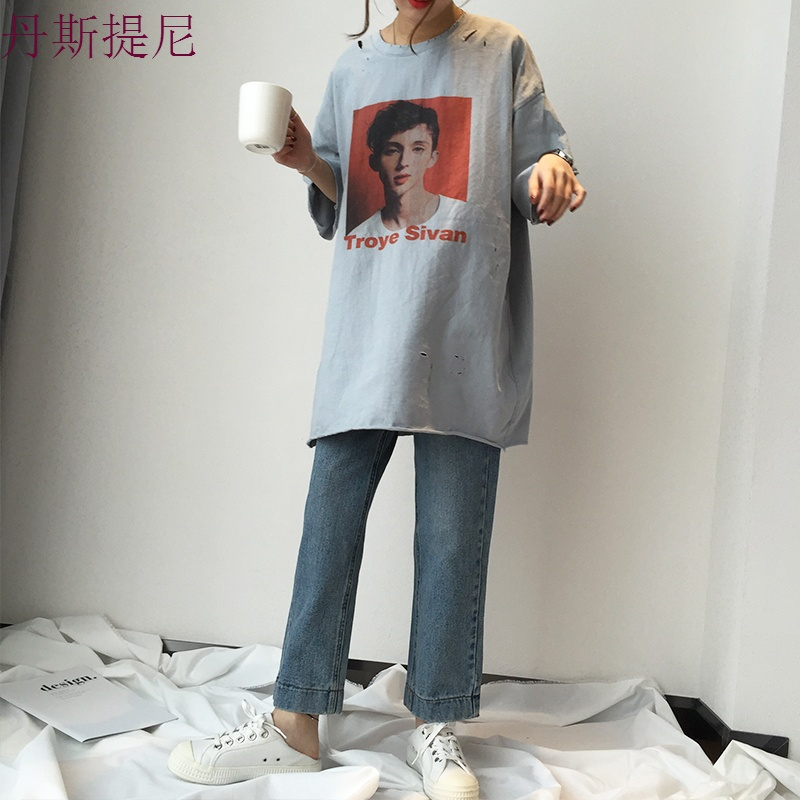大码女装新款牛仔九分裤女 胖mm宽松显瘦阔腿裤200斤学生直筒裤子