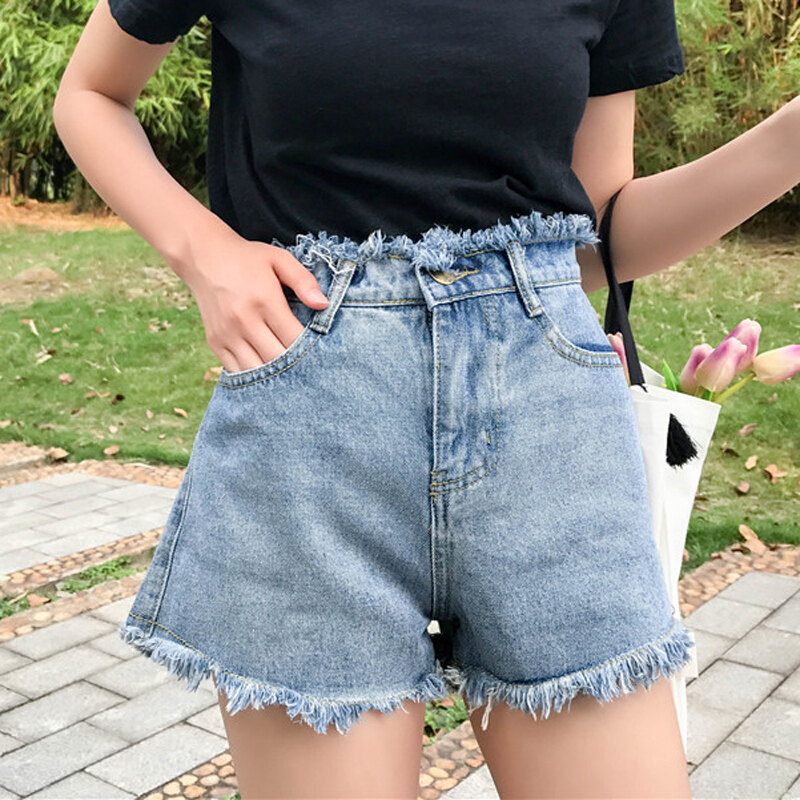 春夏女装韩版高腰宽松百搭毛边阔腿裤牛仔裤短裤学生直筒裤潮