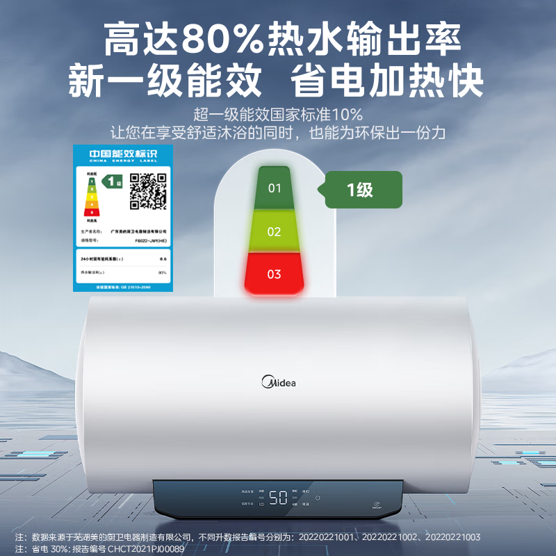 美的60升电热水器智能控制2500W速热 一级能效 升级镁棒免换 72小时低耗保温 健康抑菌F6022-JM1(HE)