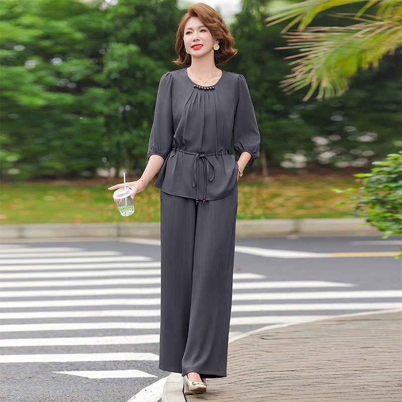 纤孜雅 夏季妈妈装时尚短袖雪纺两件套中年女装夏装T恤上衣气质减龄套装高清大图