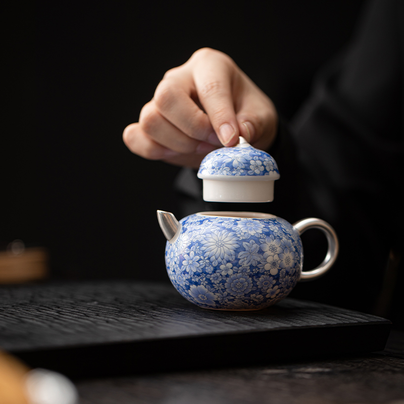 苏氏陶瓷(SUSHI CERAMICS)鎏银百花茶壶小套装非遗大师郑文强作品功夫茶具