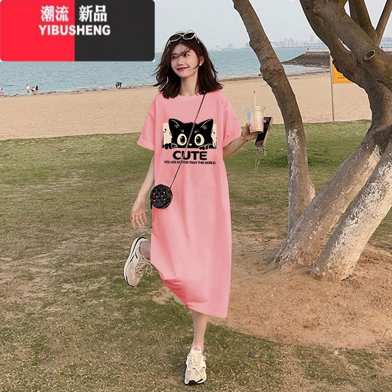 YIBUSHENG大码短袖连衣裙女季胖mm加肥宽松过膝T恤裙舒适半袖长款裙高清大图