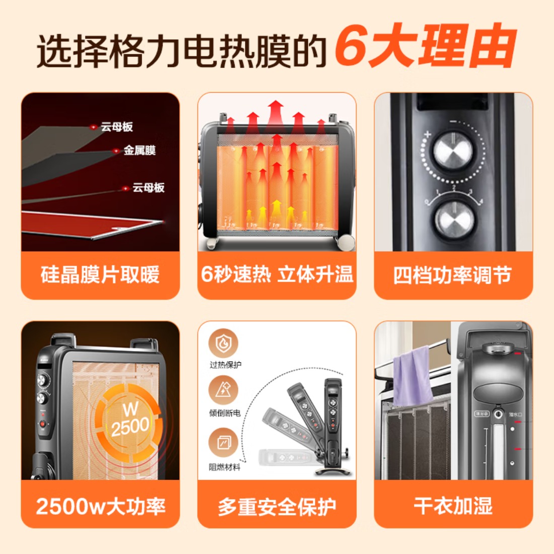 格力(GREE)电暖器家用节能电热膜省电快热取暖器无光防烫电暖气干衣加湿速热电暖器NDYC-25C-WG高清大图