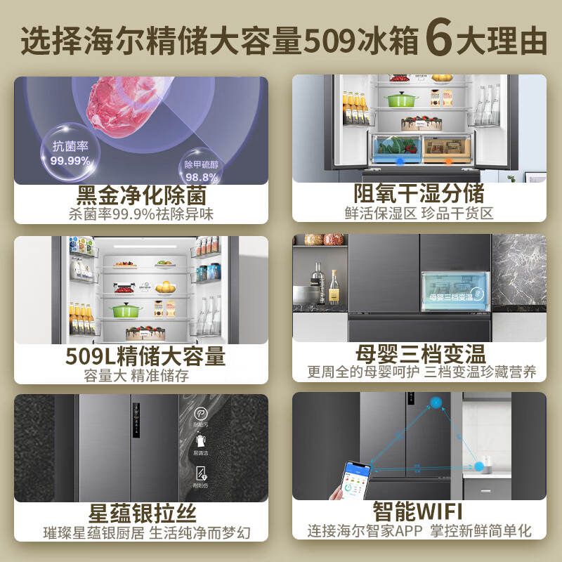 海尔(Haier)法式四开门冰箱509L容量新一级双变频双循环风冷无霜干湿分储 BCD-509WGHFD7DS9U1高清大图