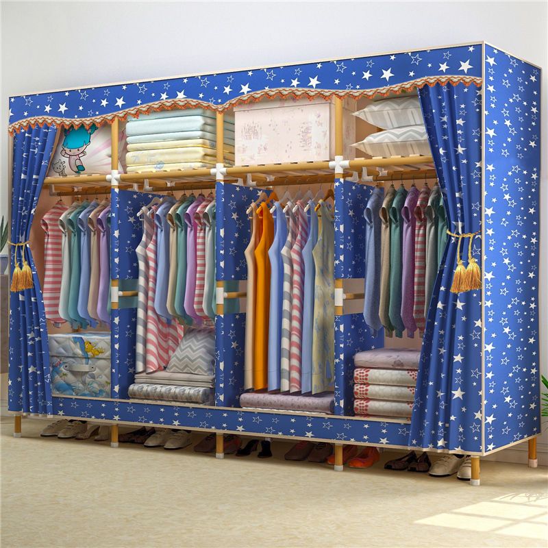 新升级简易布衣柜实木加粗加固非钢管牛津布衣橱组装双人收纳架蓝色