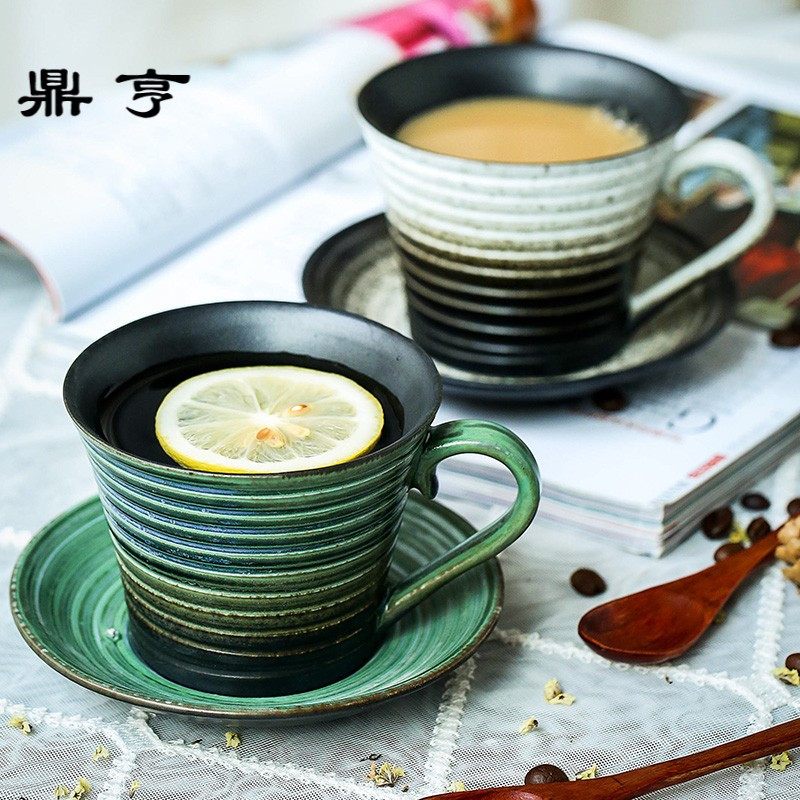 鼎亨艺隆轩日式单品咖啡杯带碟 粗陶条纹 咖啡店器具 纯手工制作