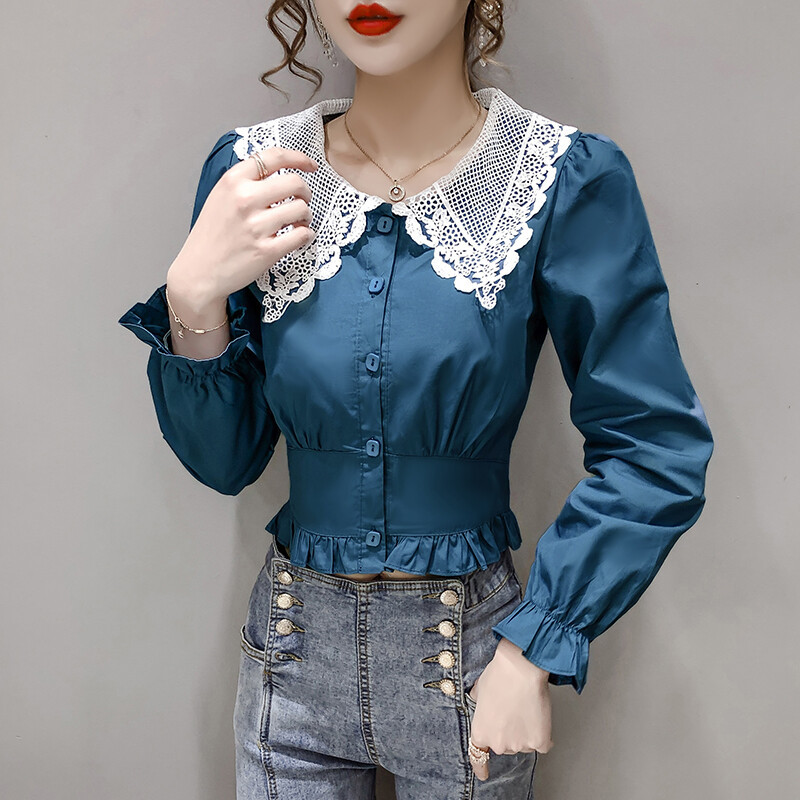 花边娃娃领衬衫女秋季韩版时尚收腰长袖上衣百搭遮肉显瘦