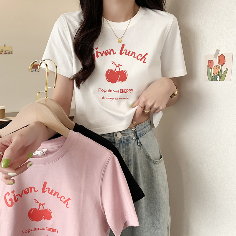 [1.5折价29元]唐狮短袖T恤女早春季新款樱桃印花紧身小衫辣妹短款上衣洋气x