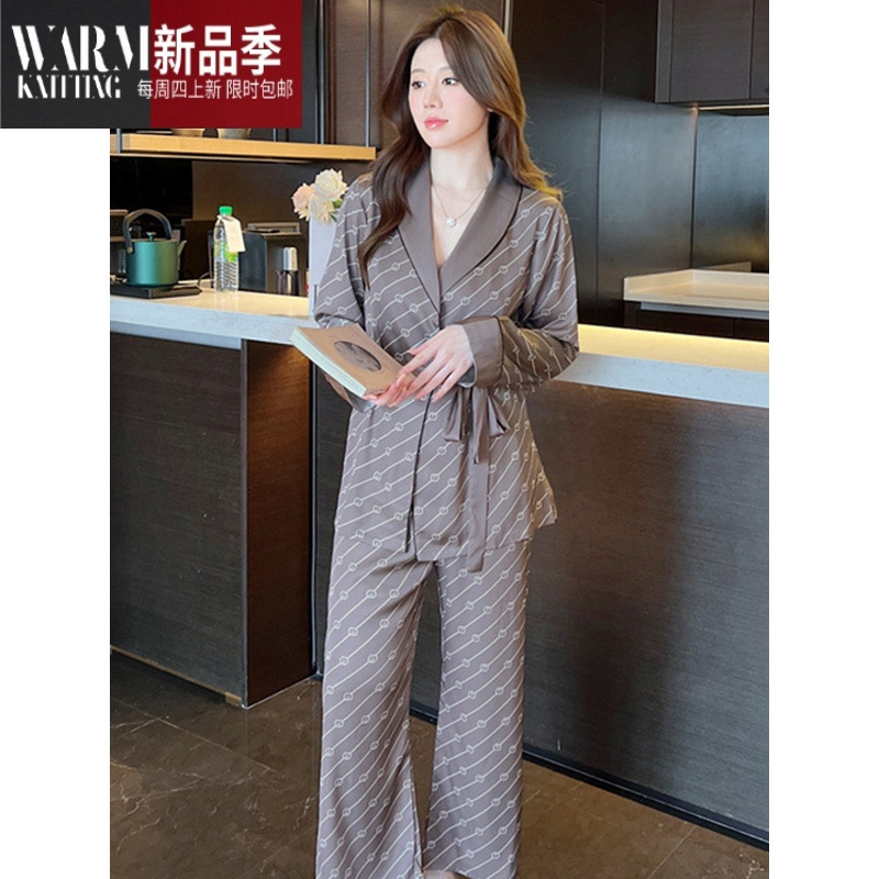 SHANCHAO睡衣女2023年新款网红高级感长袖吊带睡袍家居服三件套装