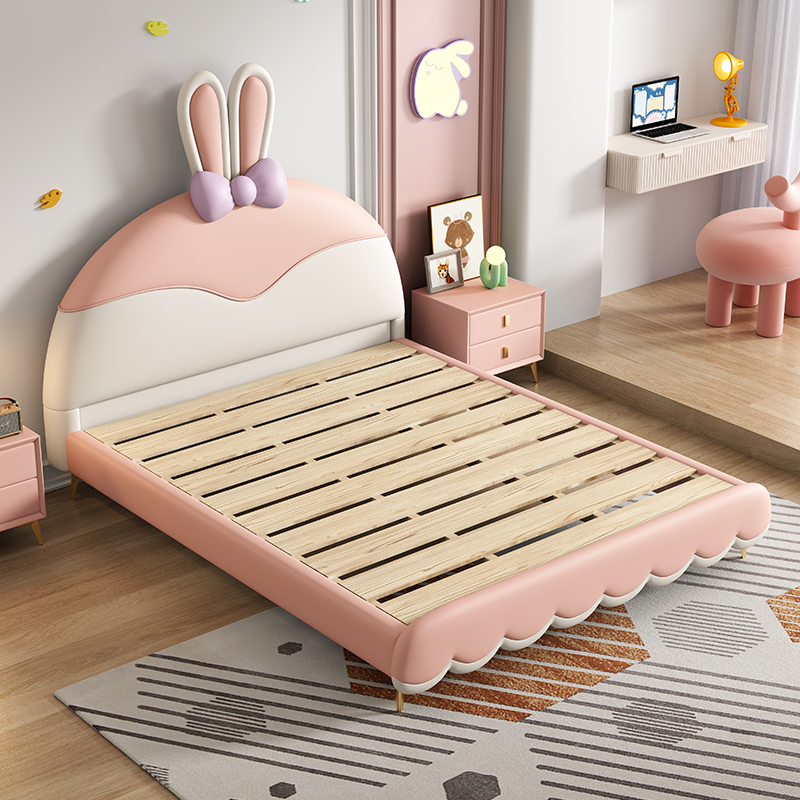 欧梵森儿童床女孩公主床卡通萌趣兔兔软包床现代简约卧室真皮床储物实木单双人床高清大图