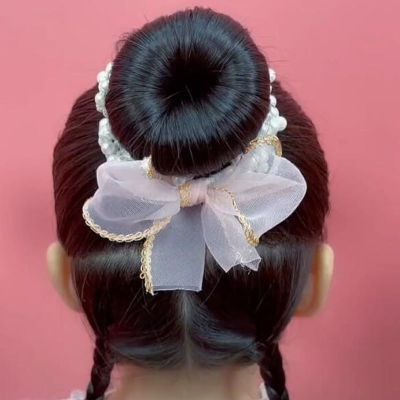 2021年新款丸子头盘发器啪啪圈神器夹花苞头网纱蝴蝶结珍珠发带圈 粉色珍珠发圈
