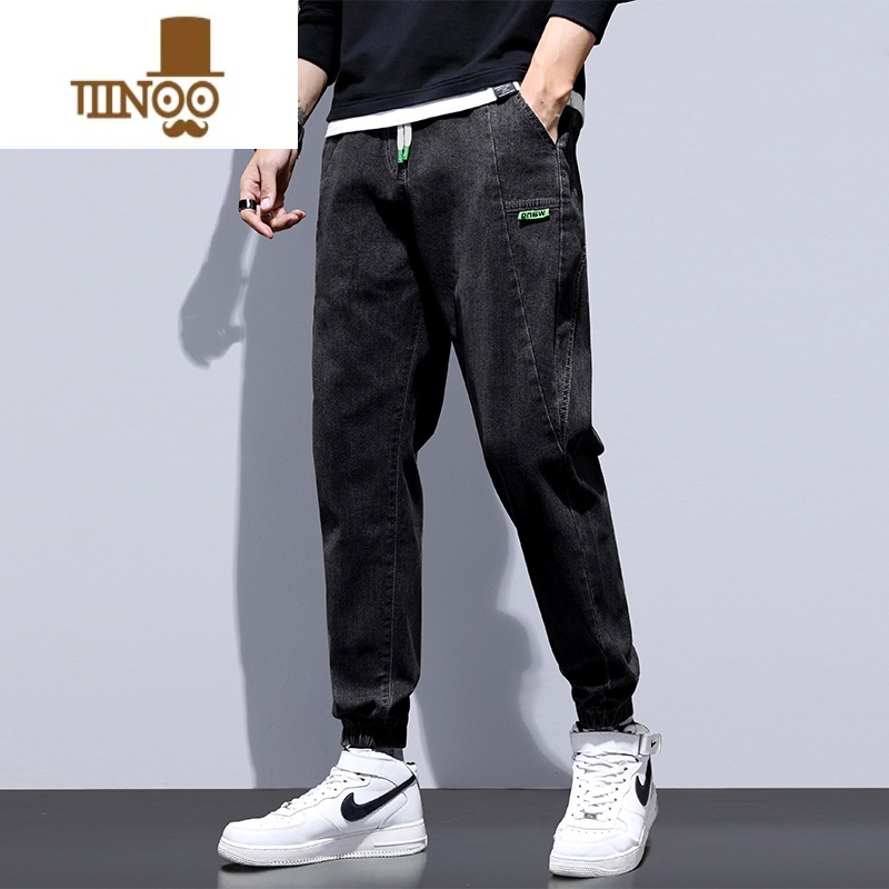 YANXU牛仔裤男士春季2023新款宽松束脚运动夏季九分哈伦休闲长裤子
