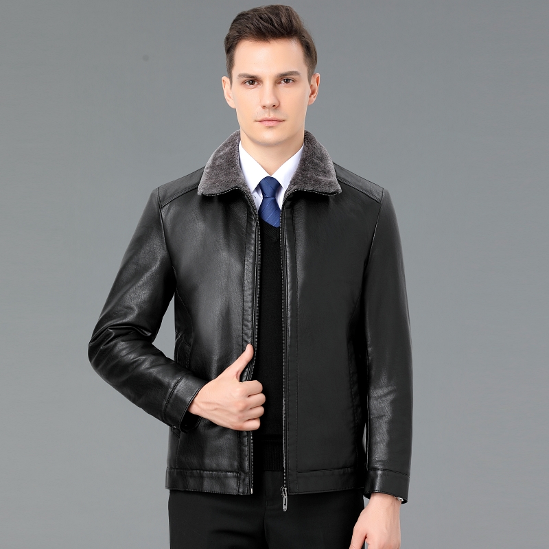 免费试穿送运费险爸爸冬装海宁真皮皮毛一体男士外套加绒加厚皮夹克中老年男士皮衣高端外套正品 190/100A 黑色