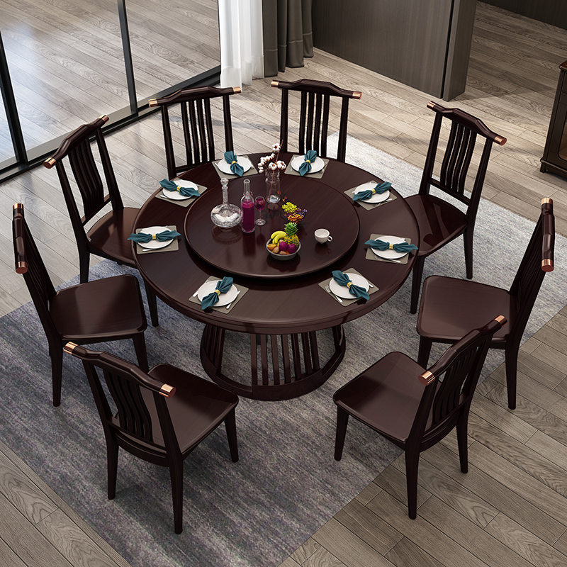 李府家缘新中式实木餐桌椅组合带转盘圆形餐桌现代简约小户型圆桌家用