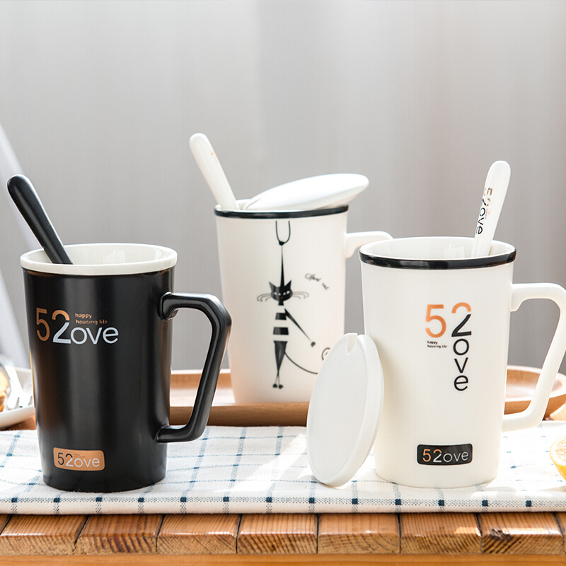 瓷魂 陶瓷带盖带勺子杯子简约咖啡杯大容量创意个性情侣水杯马克杯 52ove 长白套杯