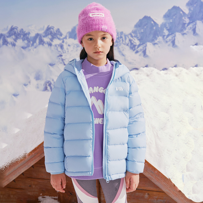 skechers斯凯奇童装儿童羽绒服轻薄款女童鸭绒男大童冬装连帽外套