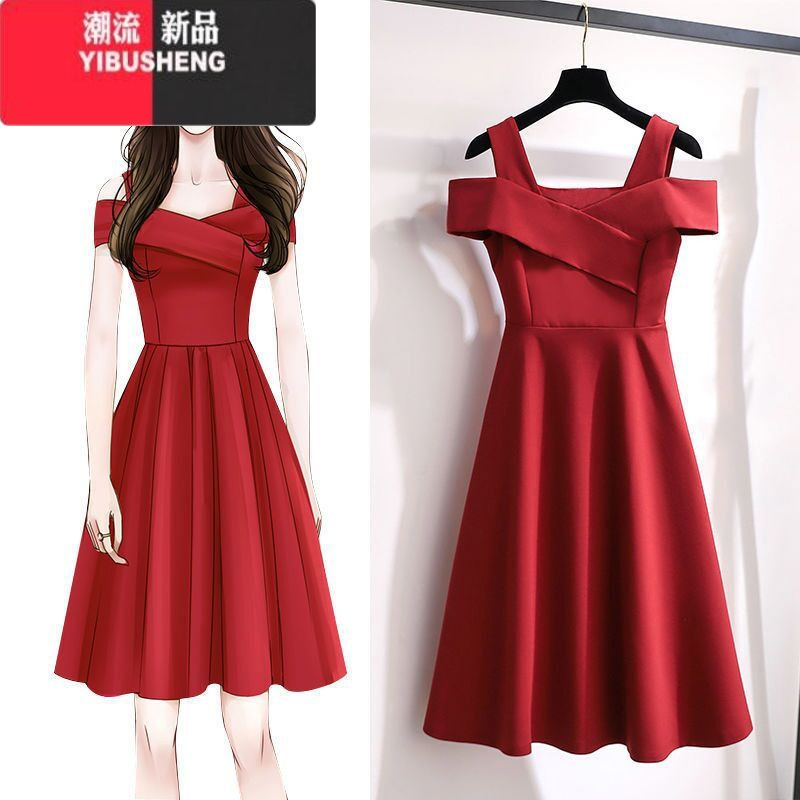 YIBUSHENG大码胖mm遮肚显瘦休闲露肩连衣裙子女2024年装新款收腰裙子女