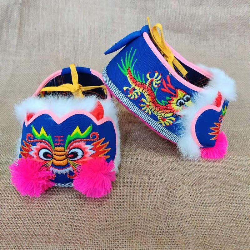 虎头鞋婴儿传统手工连脚包脚套脚棉裤老虎头鞋男女宝宝抓周猫头鞋红色