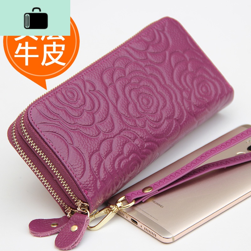 钱包女皮长款钱包夹多层双拉链多功能大容量手包女士手拿包NEW LAKE 紫红色紫色山茶花，双拉