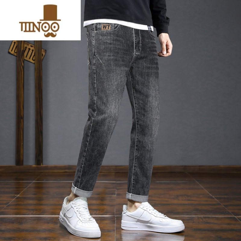 YANXU牛仔裤男2023新款黑色潮牌修身小脚直筒潮休闲秋款新塘水洗高清大图