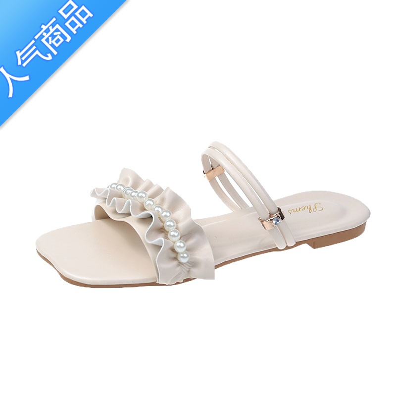 SUNTEK仙女风凉鞋女2022年新款夏季百搭低跟平底一字扣珍珠罗马鞋ins潮高清大图