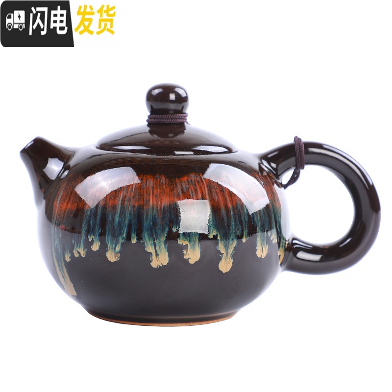 三维工匠复古茶壶随机陶瓷家用功夫茶具泡茶单壶手柄侧把壶粗陶日式提梁壶 墨绿色粗陶如意蓝壶42高清大图