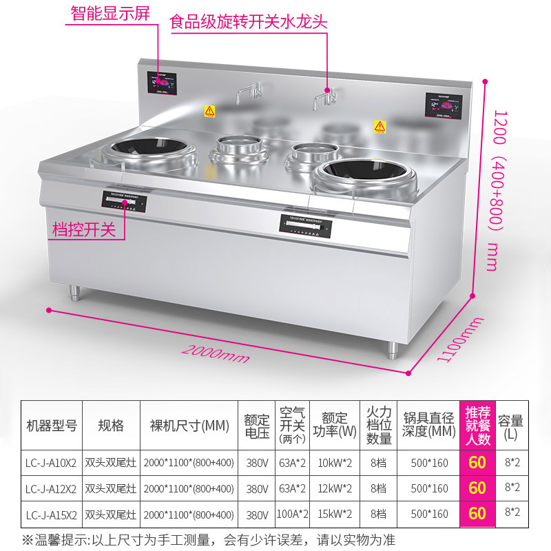 乐创(Lecon)商用电磁炉大小炒锅灶双头双尾电磁15kw*2 380V8档控制 酒店饭堂企业工程 LC-J-A15X2