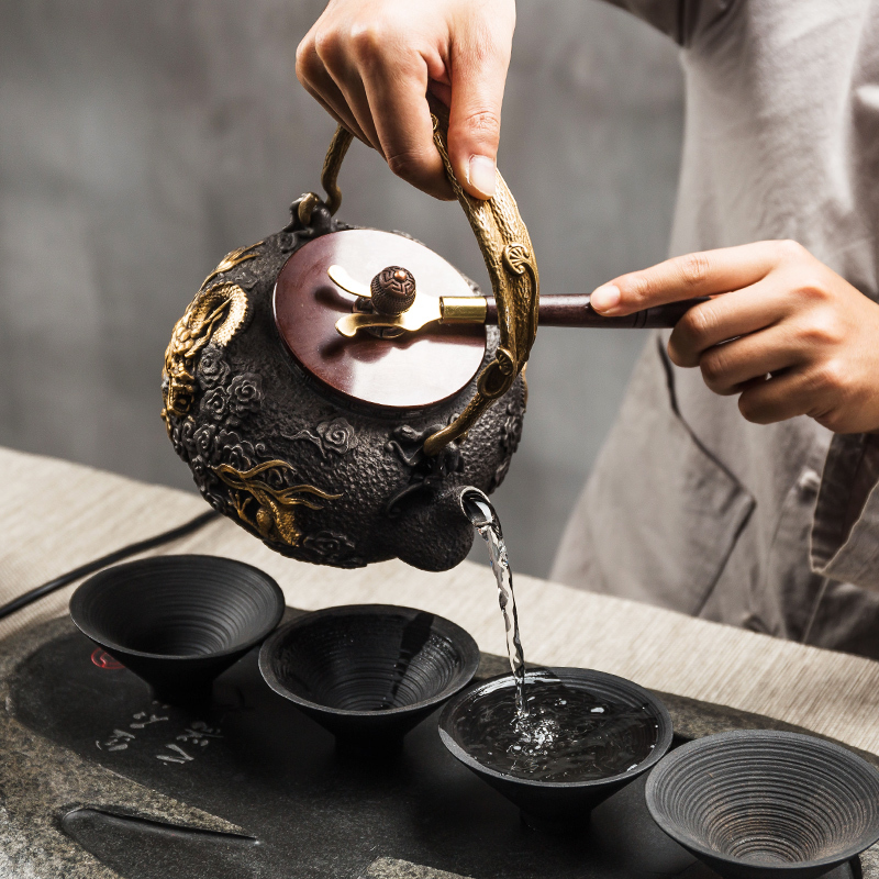 老铁壶黄金蛋手工茶壶铸铁电热煮茶器家用泡茶烧水壶电陶炉套装 雅黑帝依电陶炉+竹韵铁壶