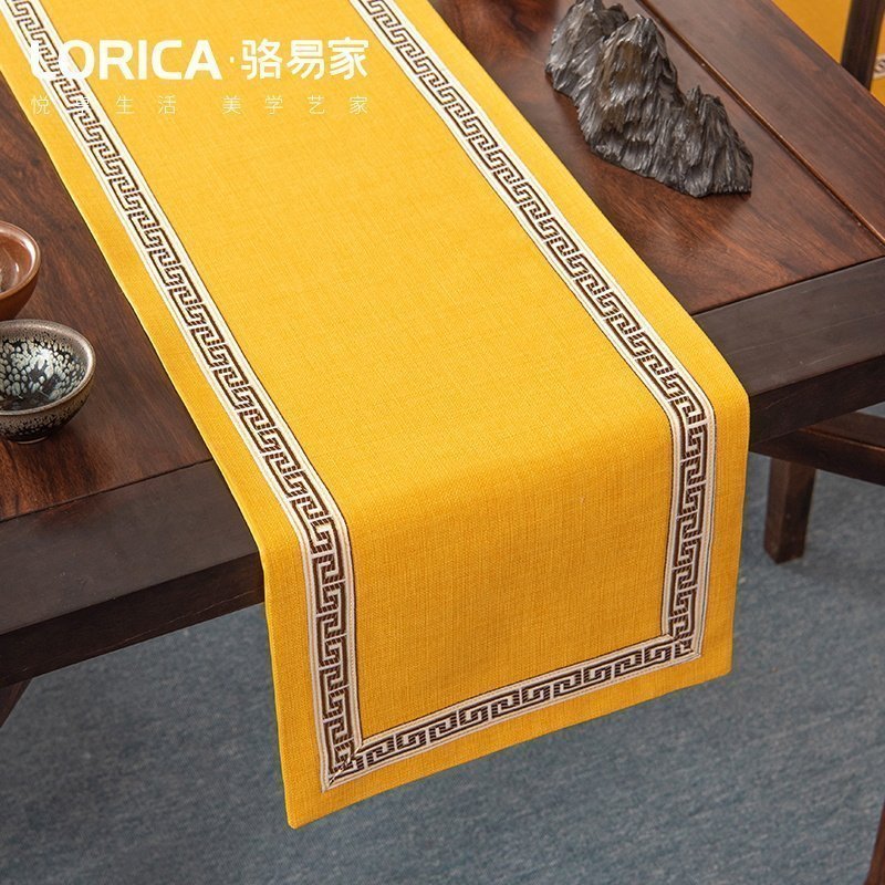 美式桌旗新中式禅意茶旗布现代简约茶几餐桌北欧电视柜布床旗定制 福延年-黄色(平角款) 33*390cm