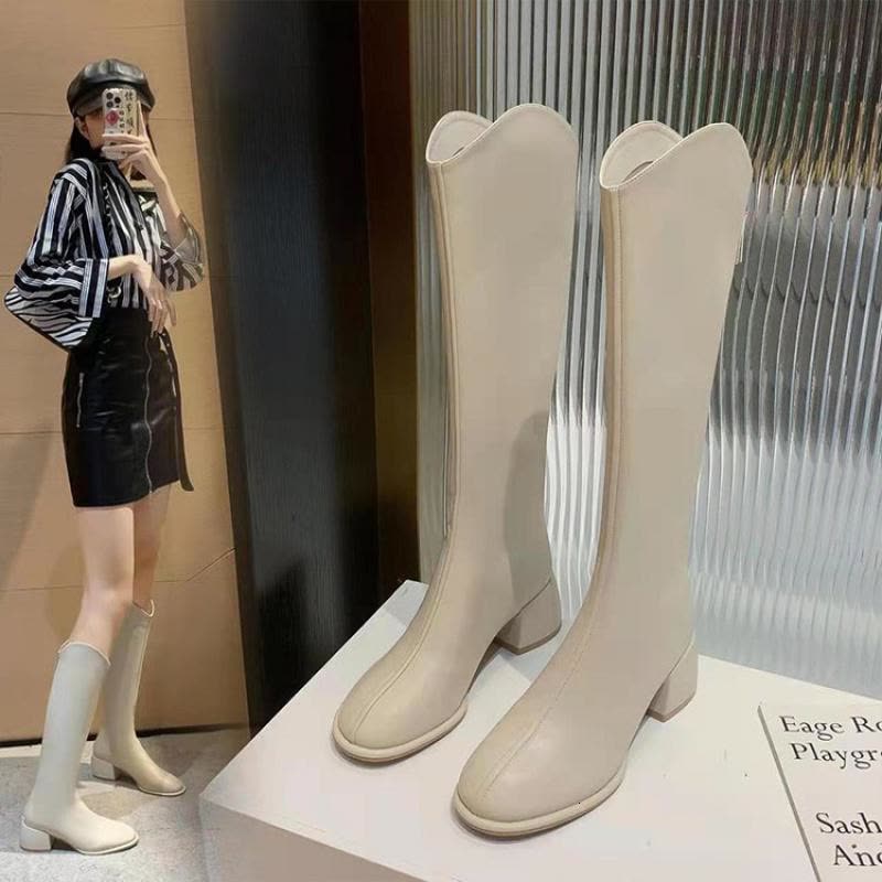 戈佳妮不过膝骑士靴女2023秋冬新款弹力靴显瘦长靴棕色粗跟小个子长筒靴图片