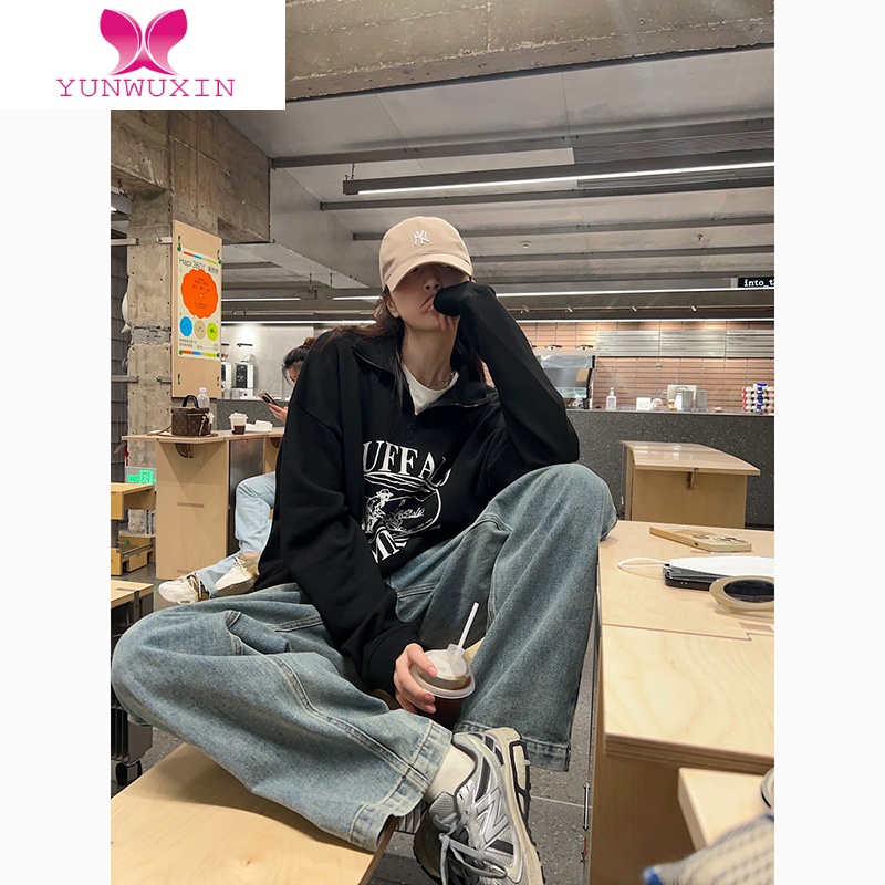 YUNWUXIN十一石 设计感美式半拉链卫衣外套女宽松休闲小个子2022新款