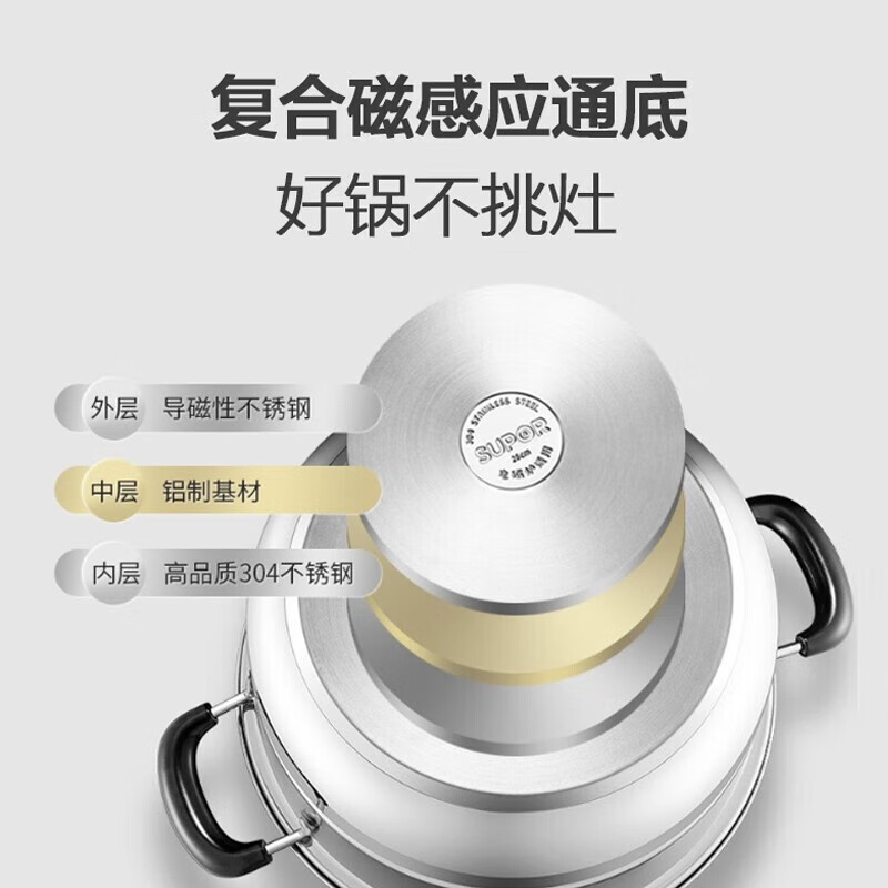 苏泊尔(SUPOR)26cm易存储双层复底家用蒸锅304不锈钢多功能蒸锅SZ26C1